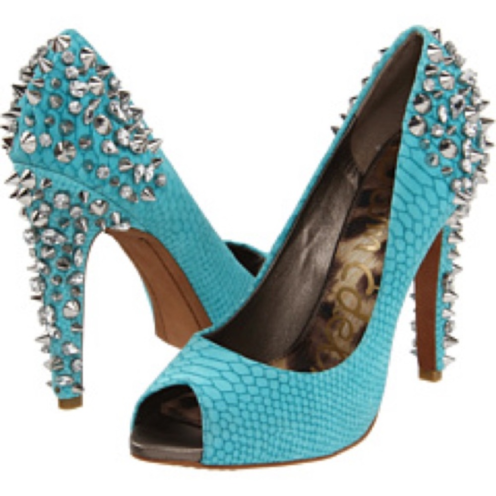 Sam Edelman Lorissa Aqua Spiked Peep-Toe Heels Size 8 NWT